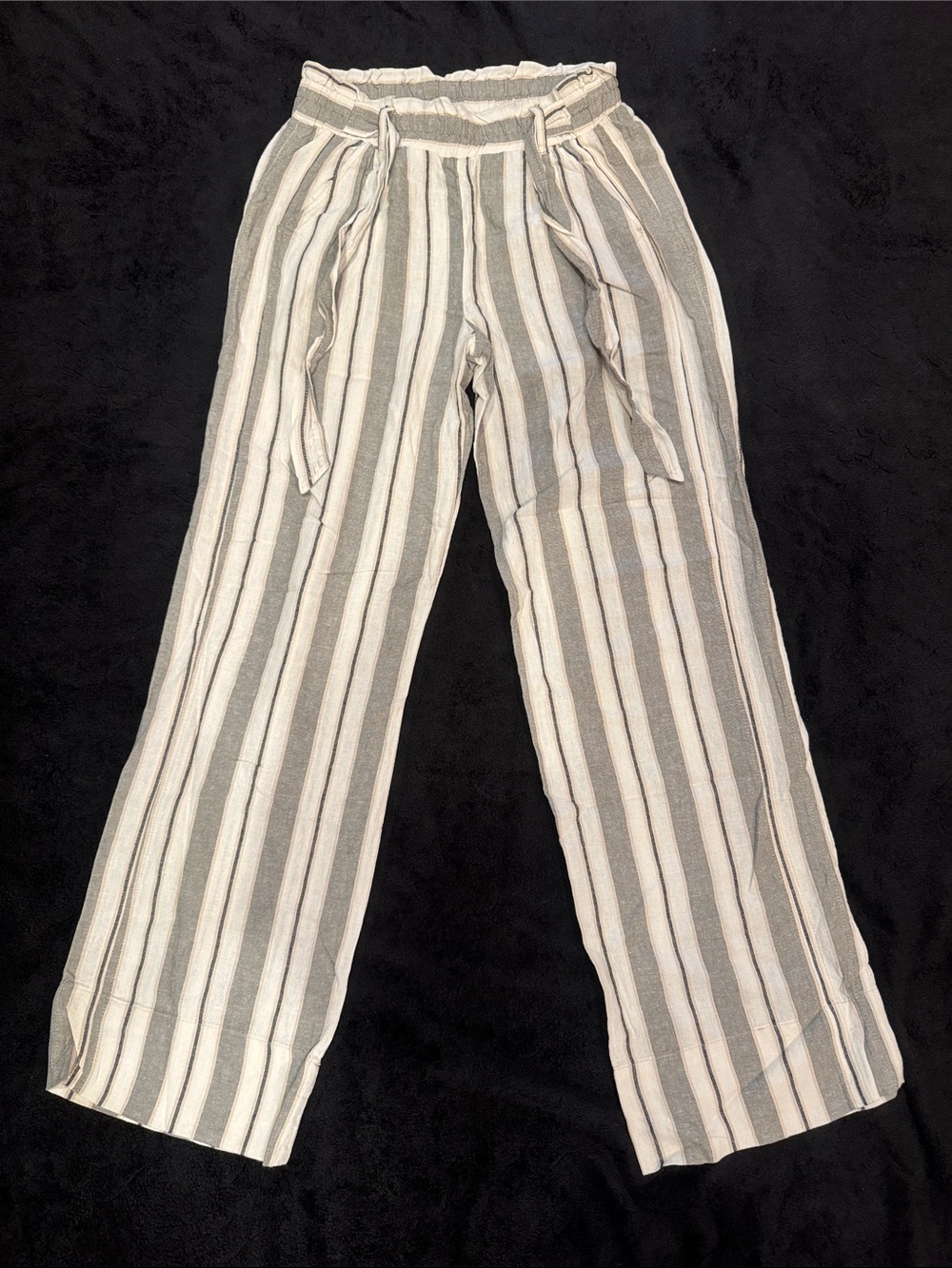 Rewind Striped Elastic Waist linen Pants in Cream and olive green